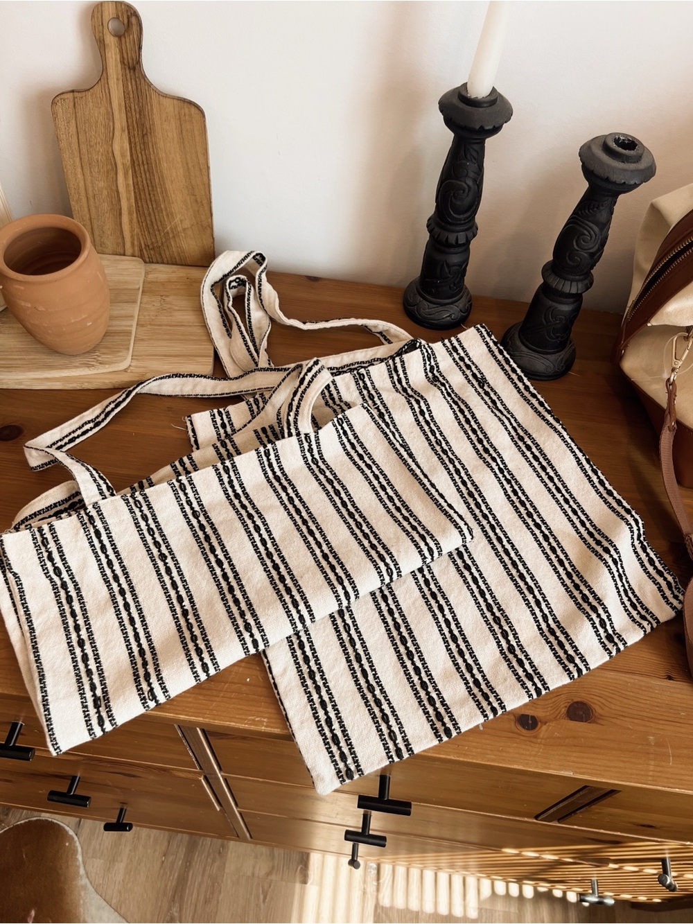 Striped Canvas Tote Bag in Cream and Black